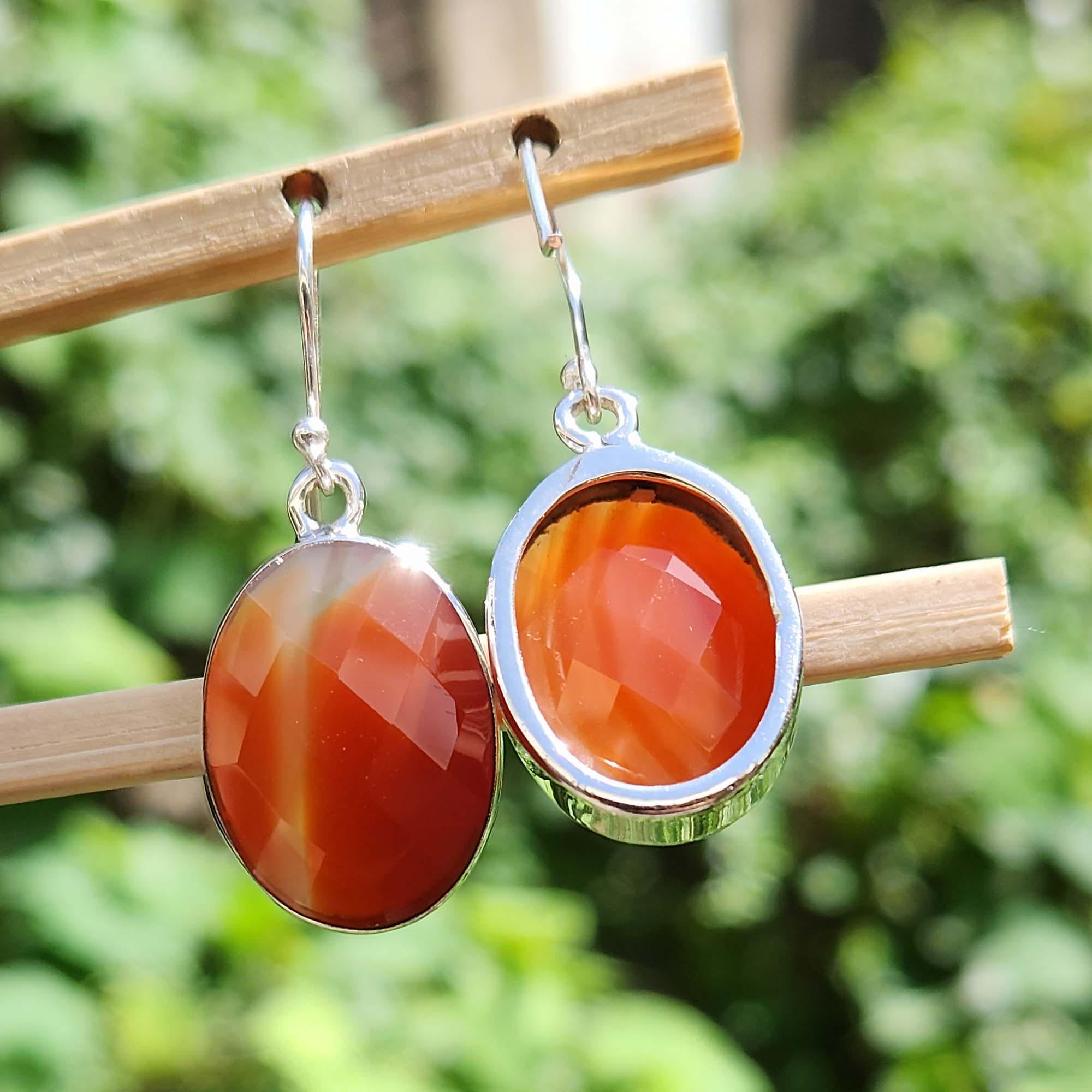 Large Oval Orange Carnelian Agate Earrings: 925 Sterling Silver Dangle Jewelry