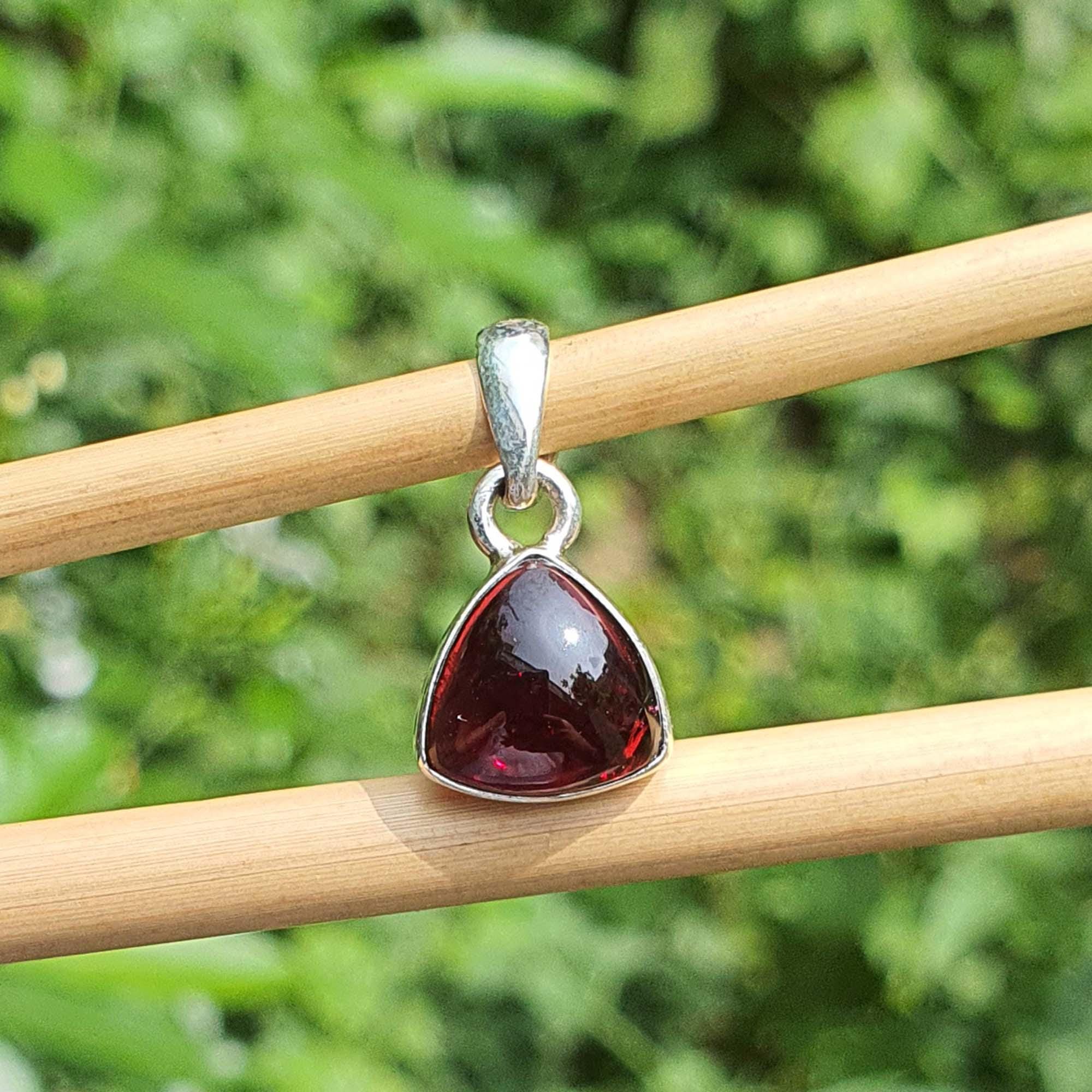 Garnet pendant on silver chain against a natural green background