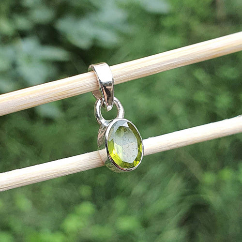 Silver pendant with a green gemstone on a stick against a blurred green background