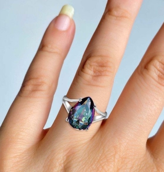 Rainbow Mystic Topaz Ring for Men and Women, Sterling Silver, Split Band