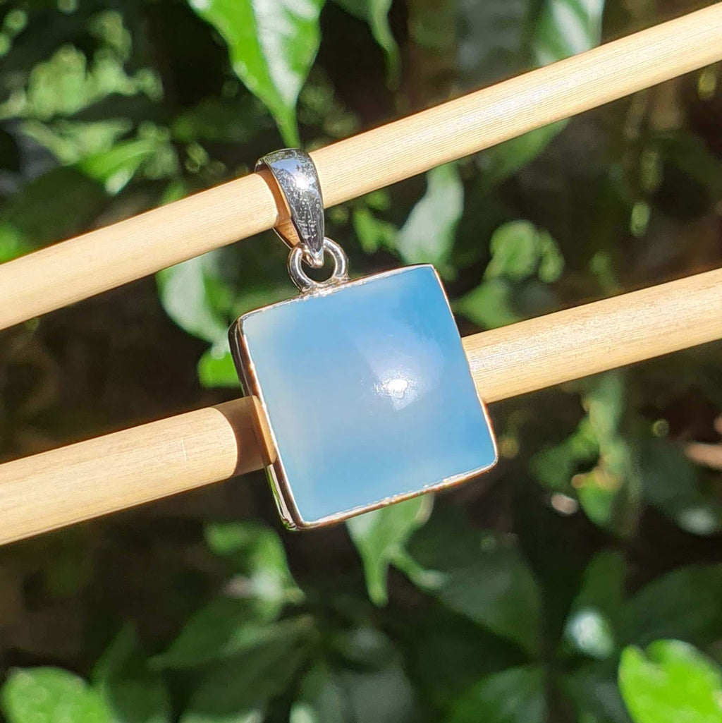 Blue pendant on a wooden stick with green leaves in the background