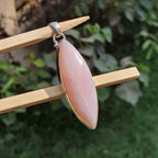 Pink pendant on a wooden stick with a green leafy background