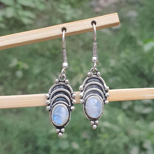 Silver earrings with gemstones on a wooden stick against a blurred green background