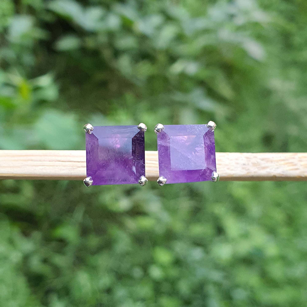Amethyst stud earrings on a wooden stick with a green blurred background