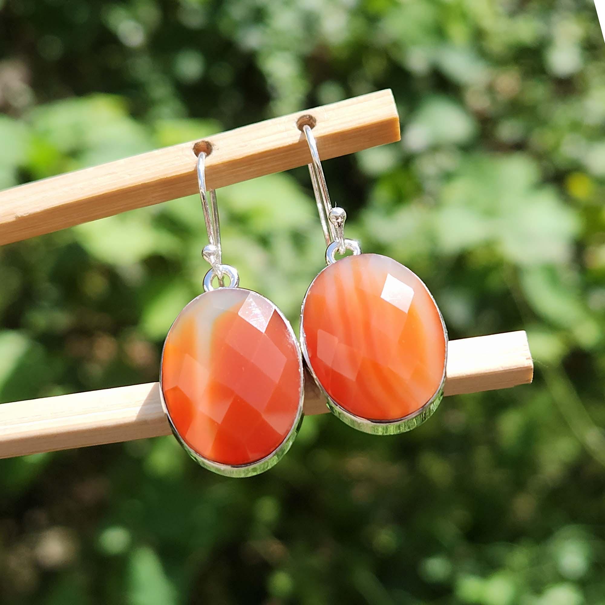 Large Oval Orange Carnelian Agate Earrings: 925 Sterling Silver Dangle Jewelry