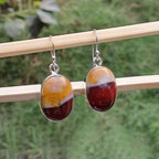Pair of amber-colored earrings on a wooden stick with a natural background
