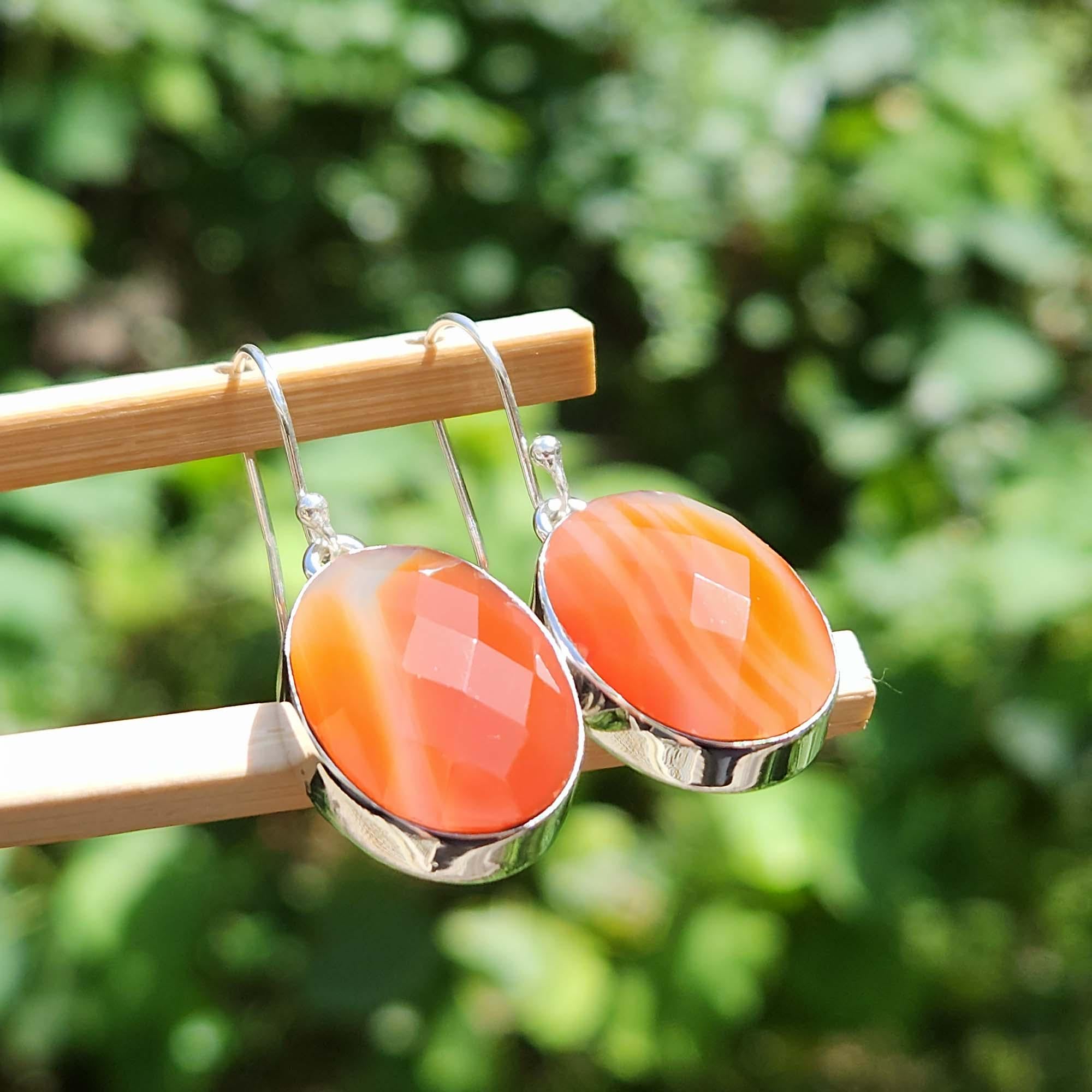 Large Oval Orange Carnelian Agate Earrings: 925 Sterling Silver Dangle Jewelry
