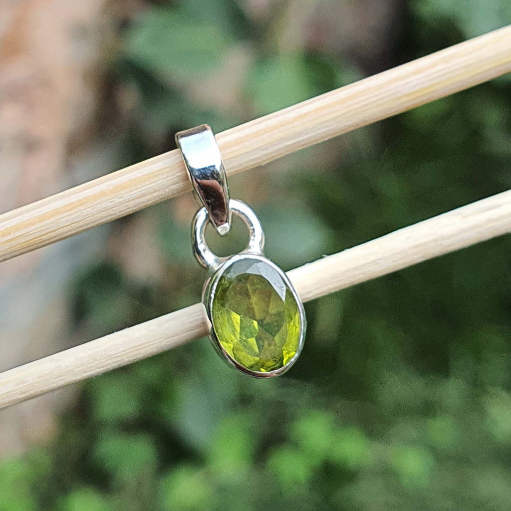 Silver pendant with a green gemstone on a wooden stick against a blurred green background