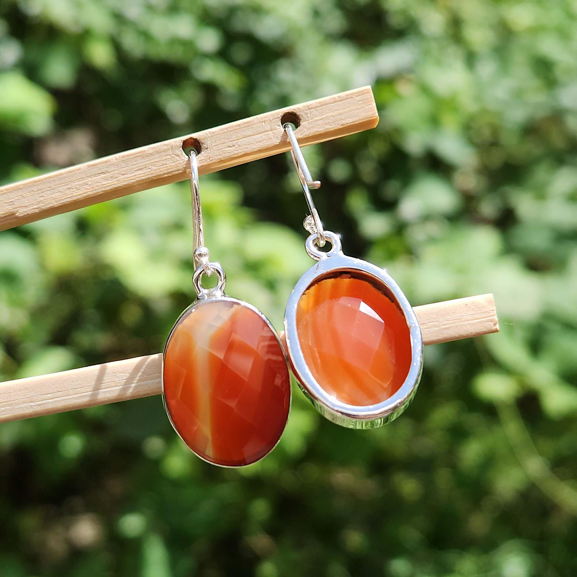 Large Oval Orange Carnelian Agate Earrings: 925 Sterling Silver Dangle Jewelry