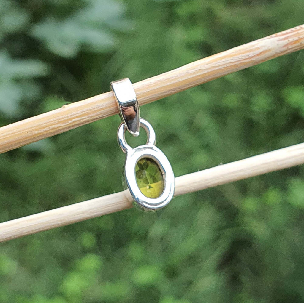 Silver pendant with a green gemstone on a wooden stick against a blurred green background