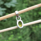 Silver pendant with a green gemstone on a wooden stick against a blurred green background