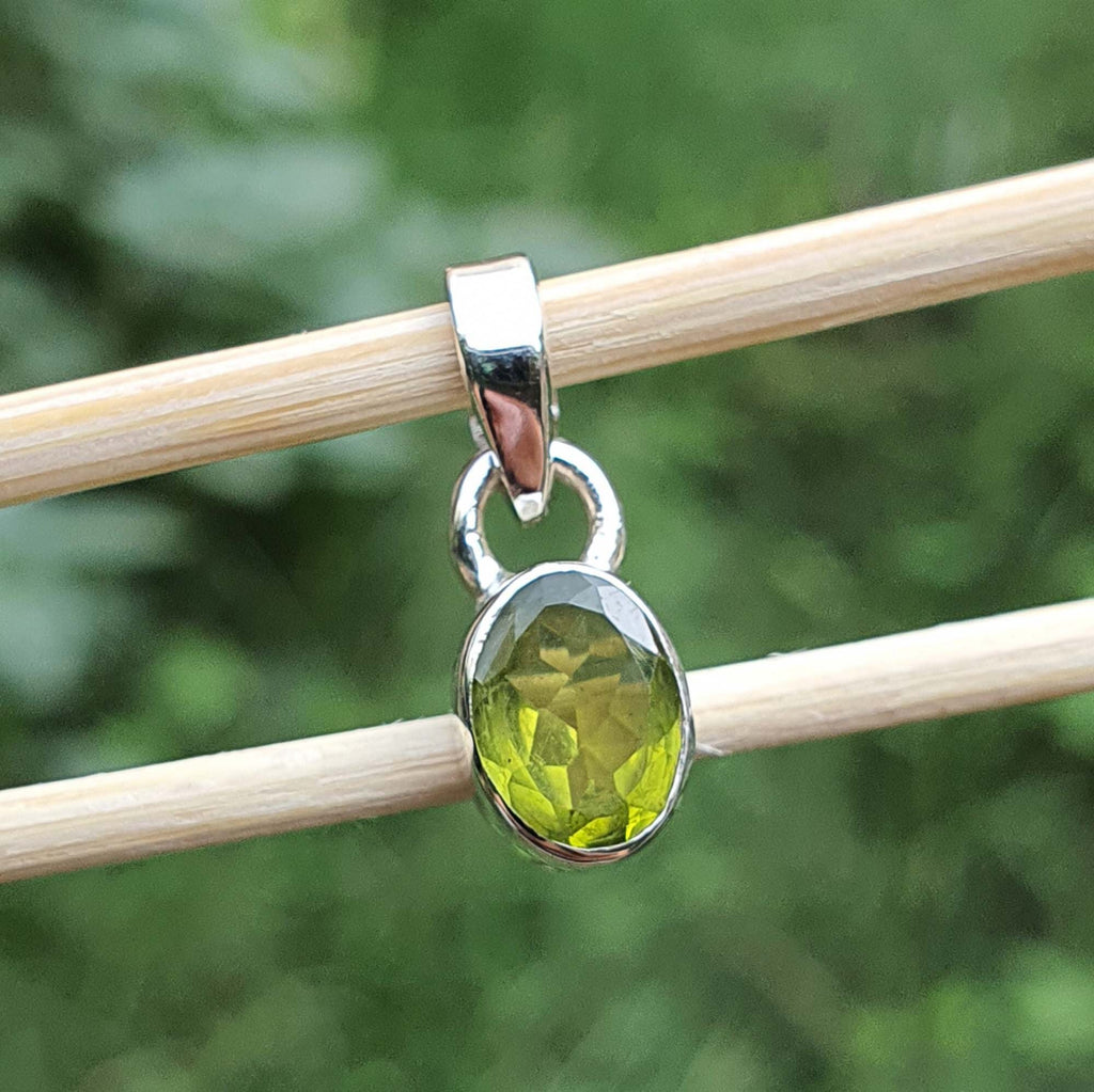 Silver pendant with a green gemstone on a stick against a blurred green background