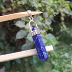 Blue crystal pendant on a wooden stick with a blurred green leafy background