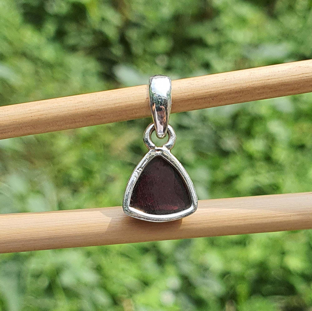 Silver pendant with a red stone on a wooden stick against a green background