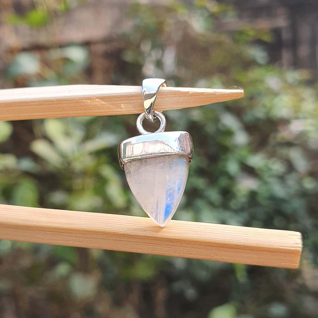 Silver pendant with a clear gemstone on a wooden stick against a blurred green background