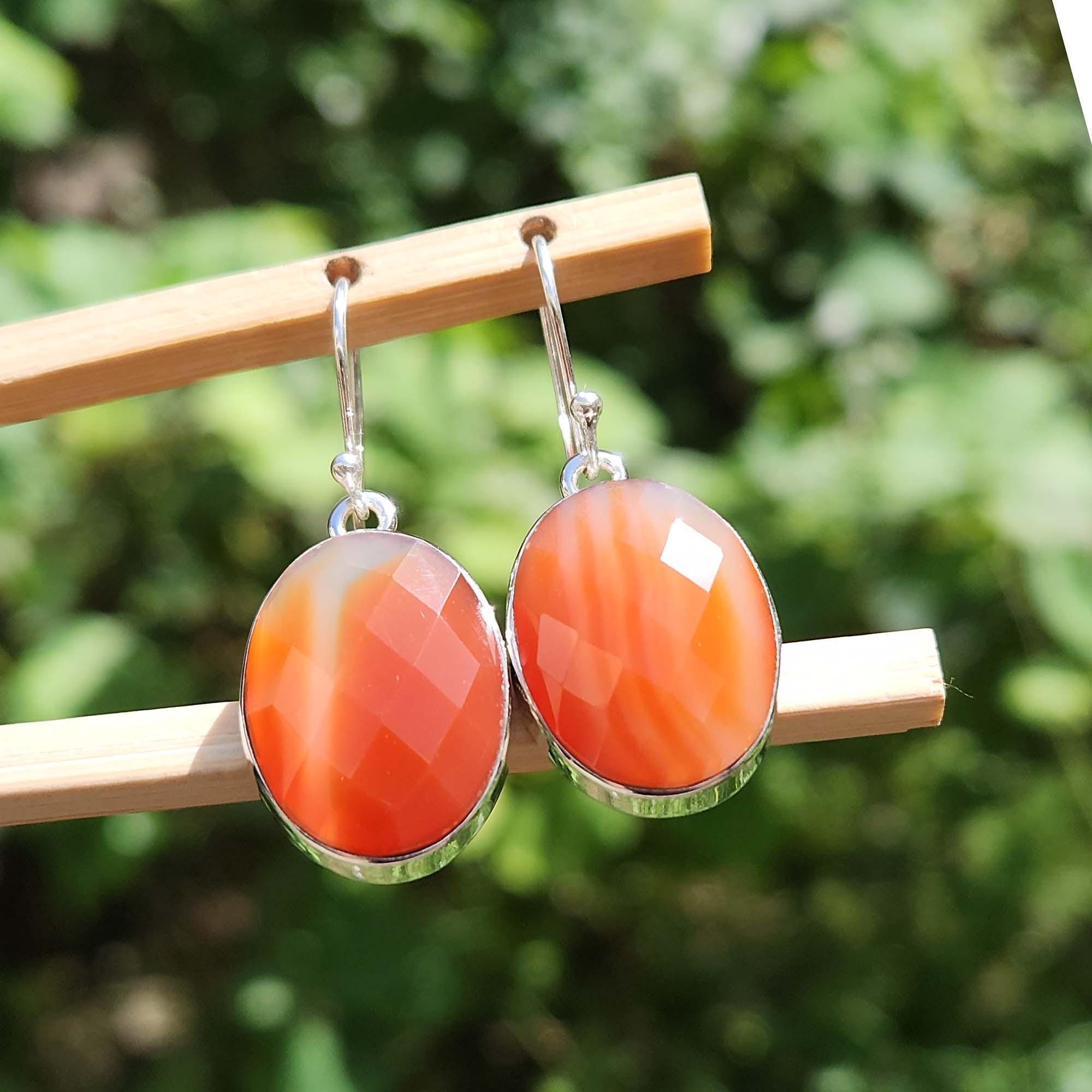 Large Oval Orange Carnelian Agate Earrings: 925 Sterling Silver Dangle Jewelry
