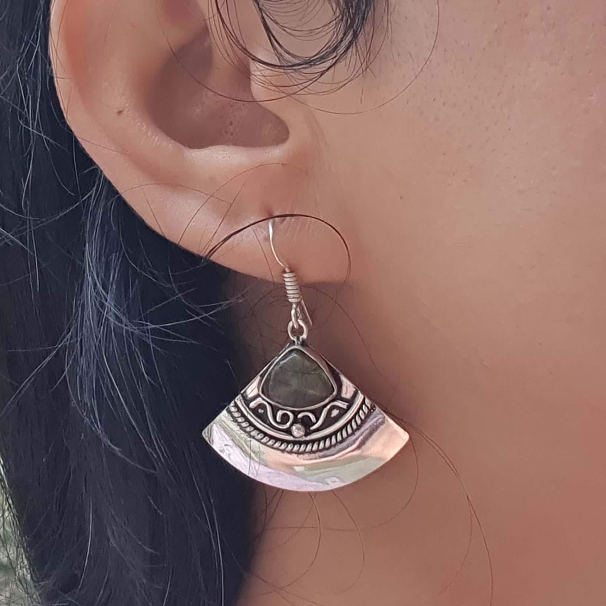 Earring worn on an ear with a close-up view