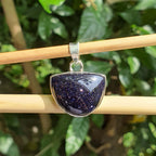 Silver pendant with a dark blue stone on a stick against a green leafy background