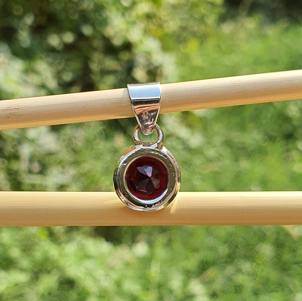 Silver pendant with a red gemstone on a wooden stick against a blurred green background