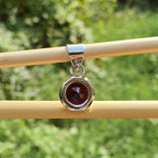 Silver pendant with a red gemstone on a wooden stick against a blurred green background