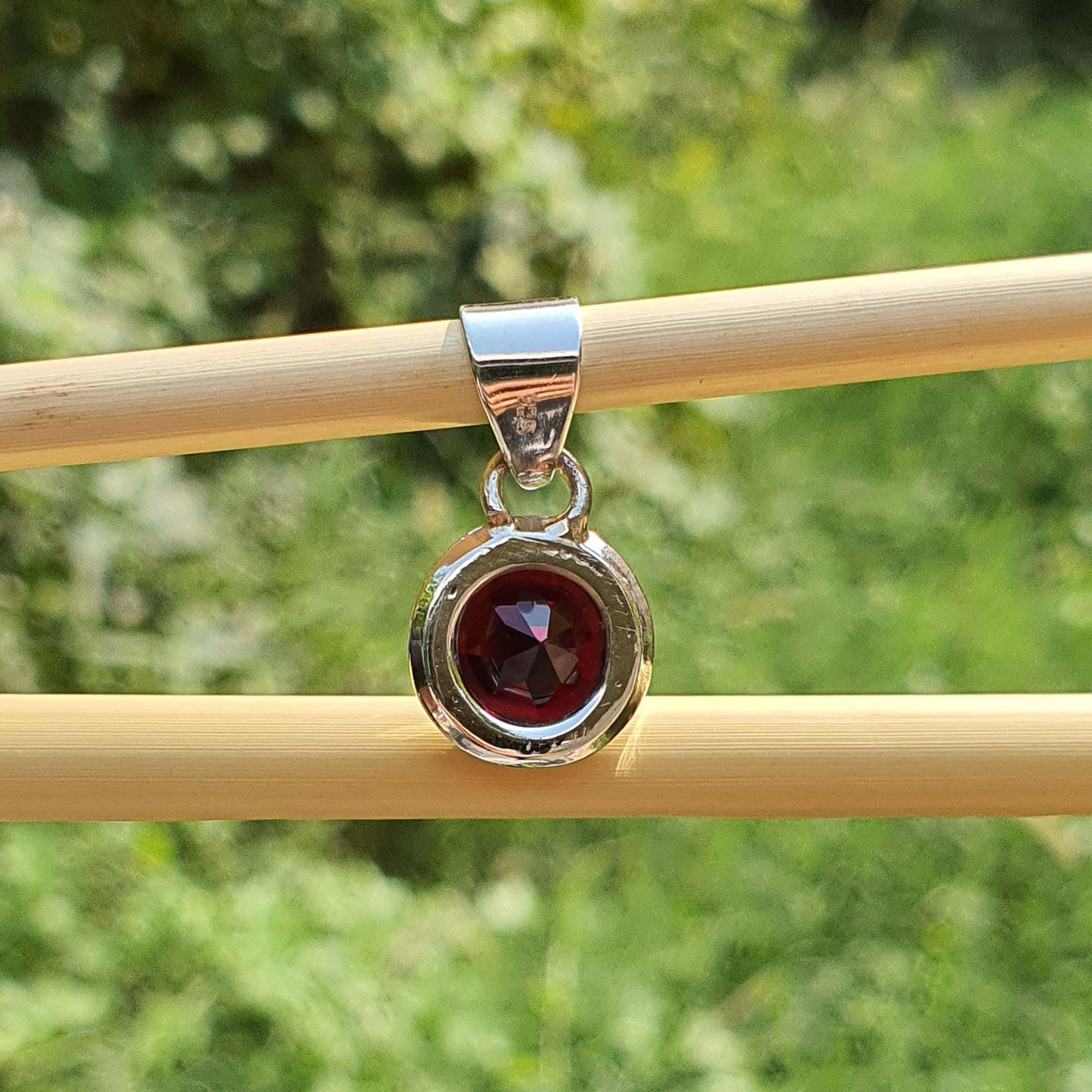 Silver pendant with a red gemstone on a wooden stick against a blurred green background