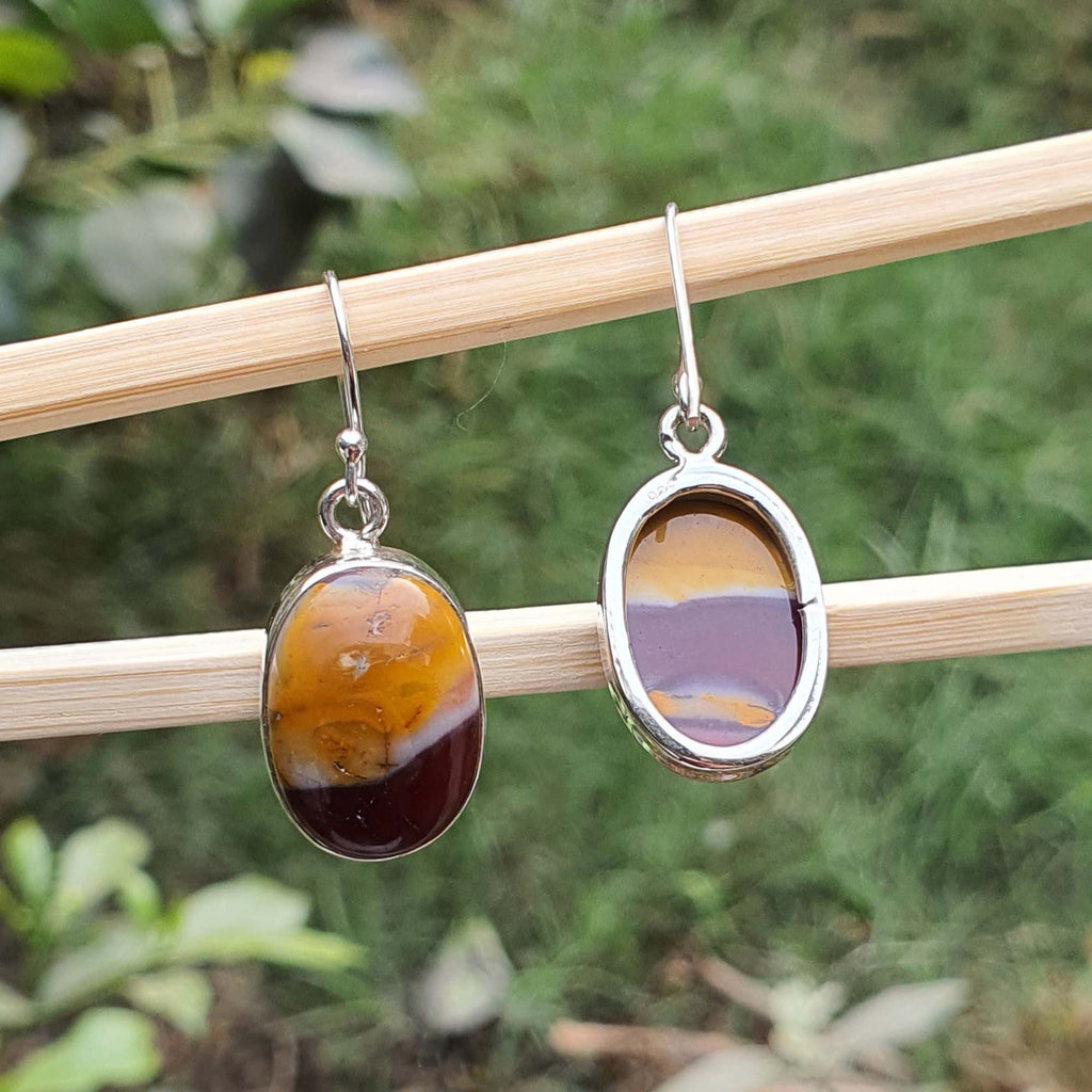 Pair of earrings with amber-colored stones on a wooden stick against a natural background