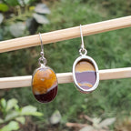 Pair of earrings with amber-colored stones on a wooden stick against a natural background