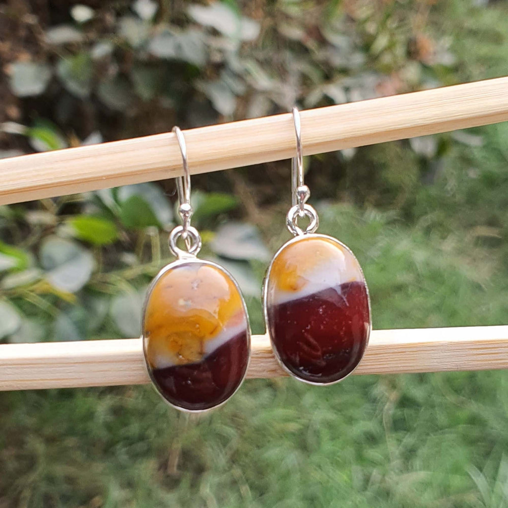 Pair of amber-colored earrings on a wooden stick with a natural background