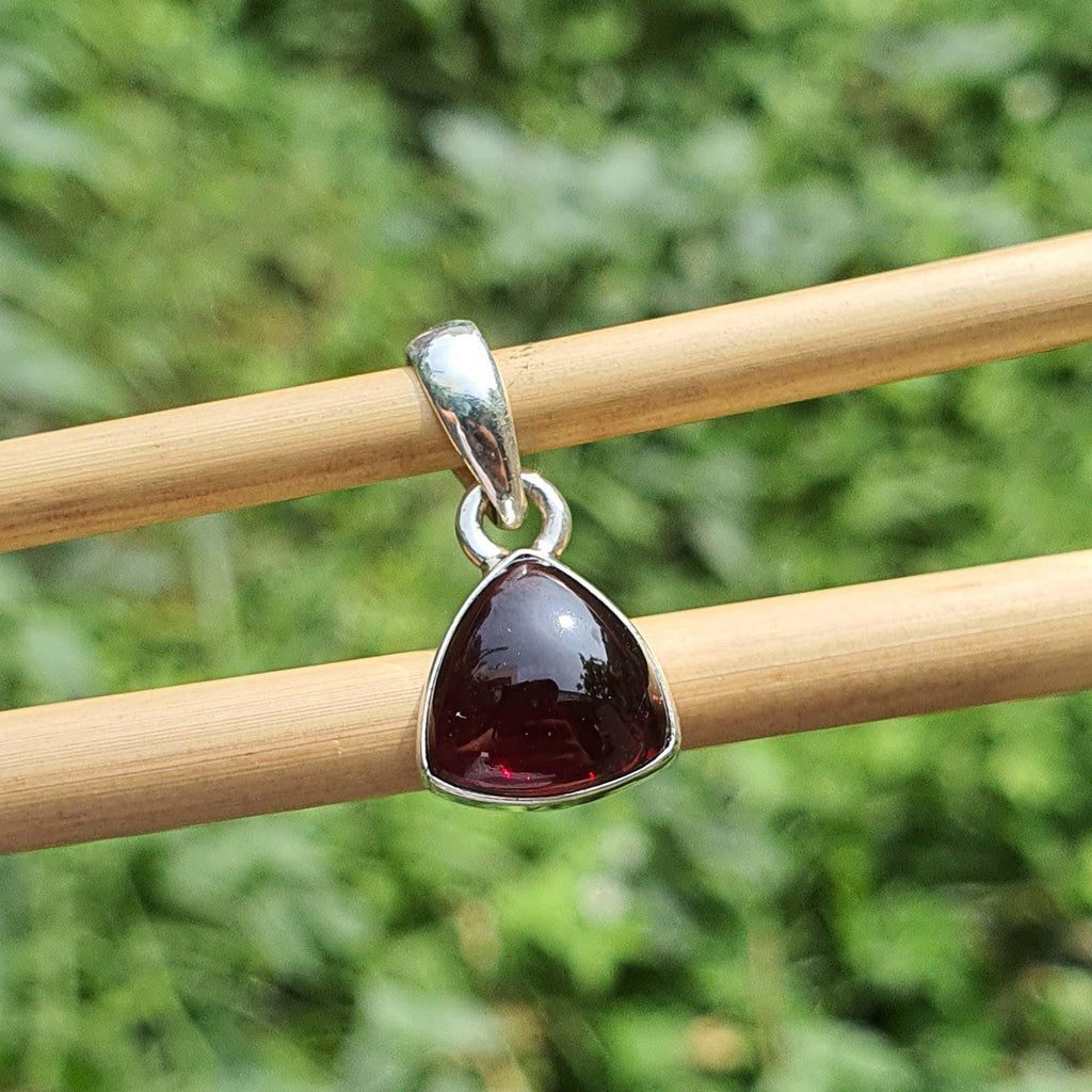 Garnet pendant on silver chain held by wooden stick against a blurred green background