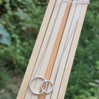Silver necklace with interlocking rings on a wooden stick against a blurred green background