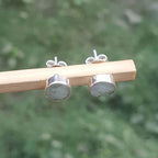 Silver stud earrings on a wooden stick with a blurred green background