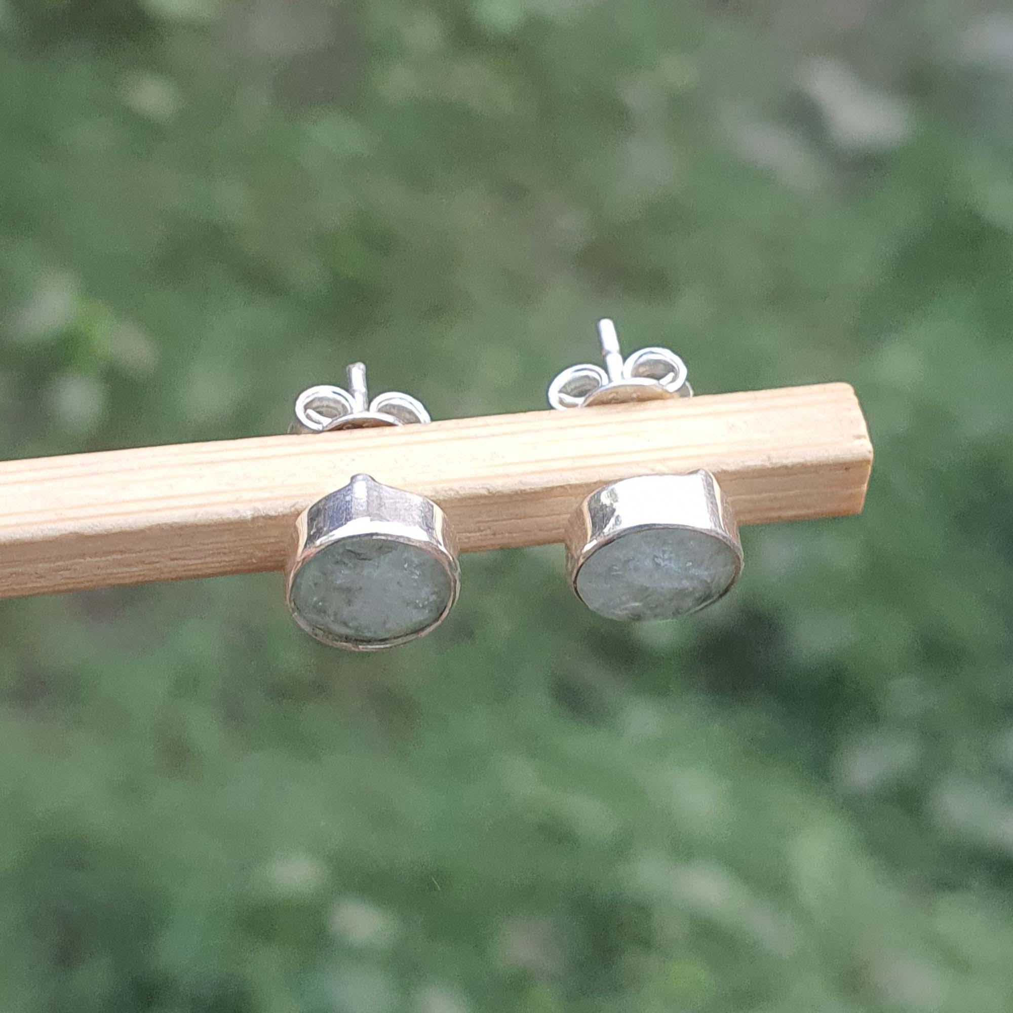 Silver stud earrings on a wooden stick with a blurred green background