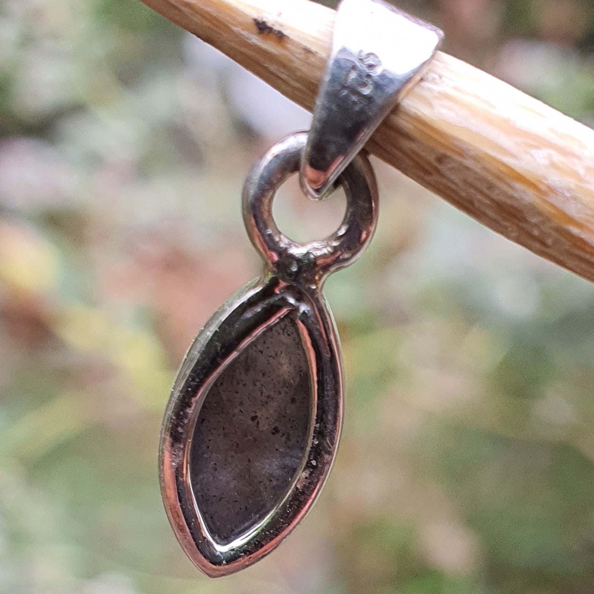 Silver pendant with a teardrop design hanging on a branch with a blurred natural background